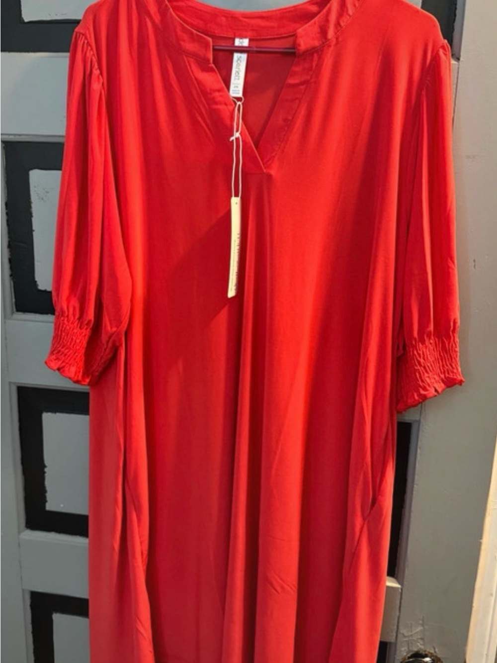 Scarlett Red V-Neck Smocked Sleeve Midi Dress